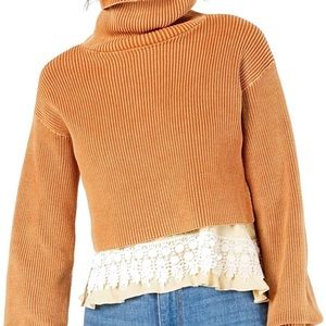 Free People Womens at First Glance Knit Ribbed Trim Turtleneck Sweater Orange XS